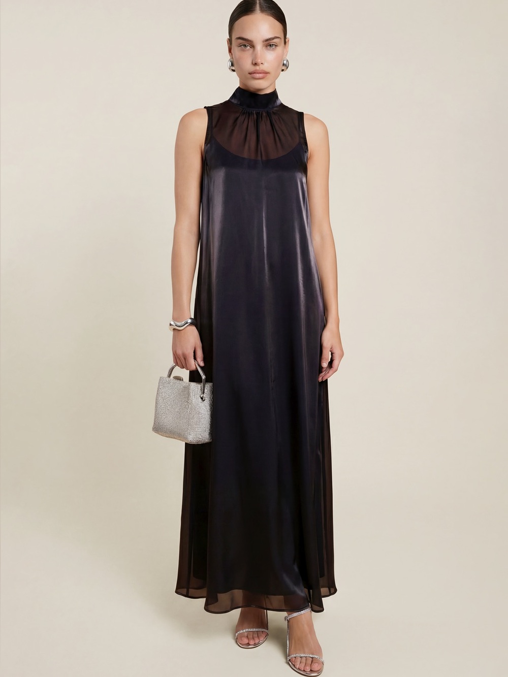 Sleeveless Sheer-Yoke Maxi Dress in Black